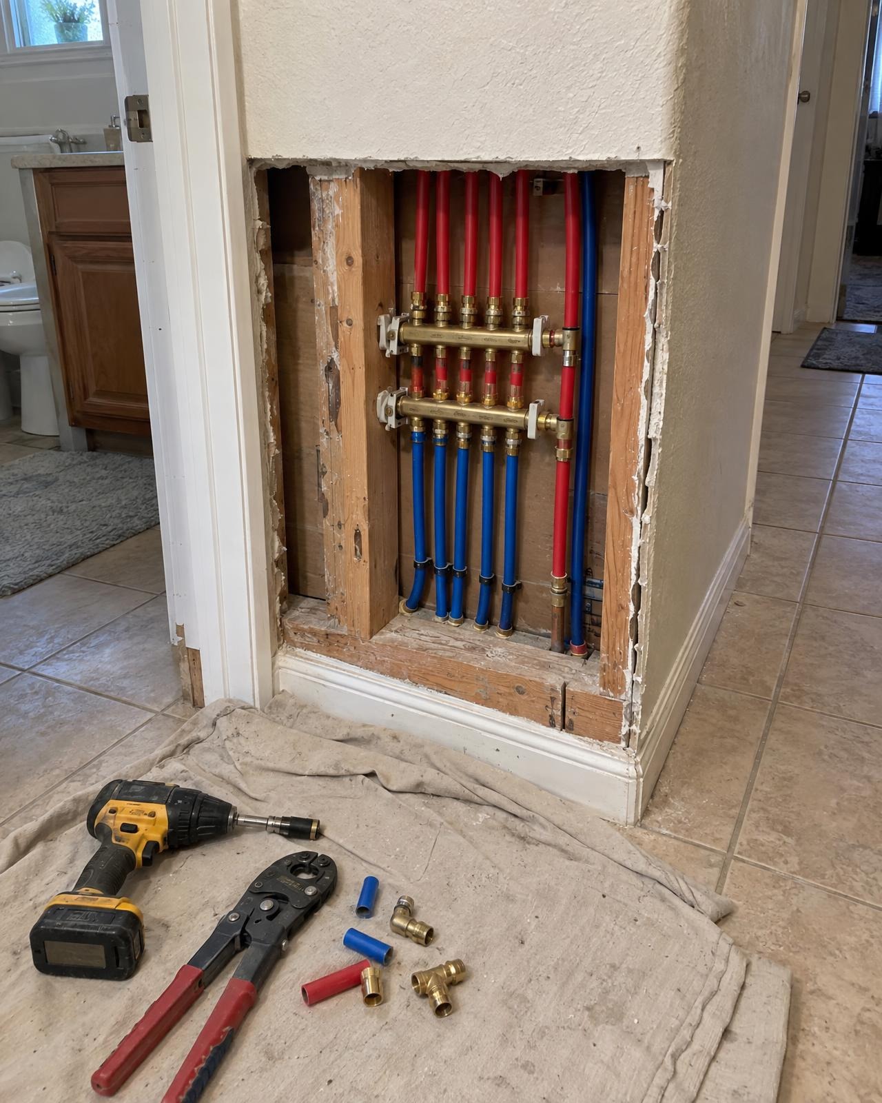 Hallway wall opened up to reach the pipes and the new manifold