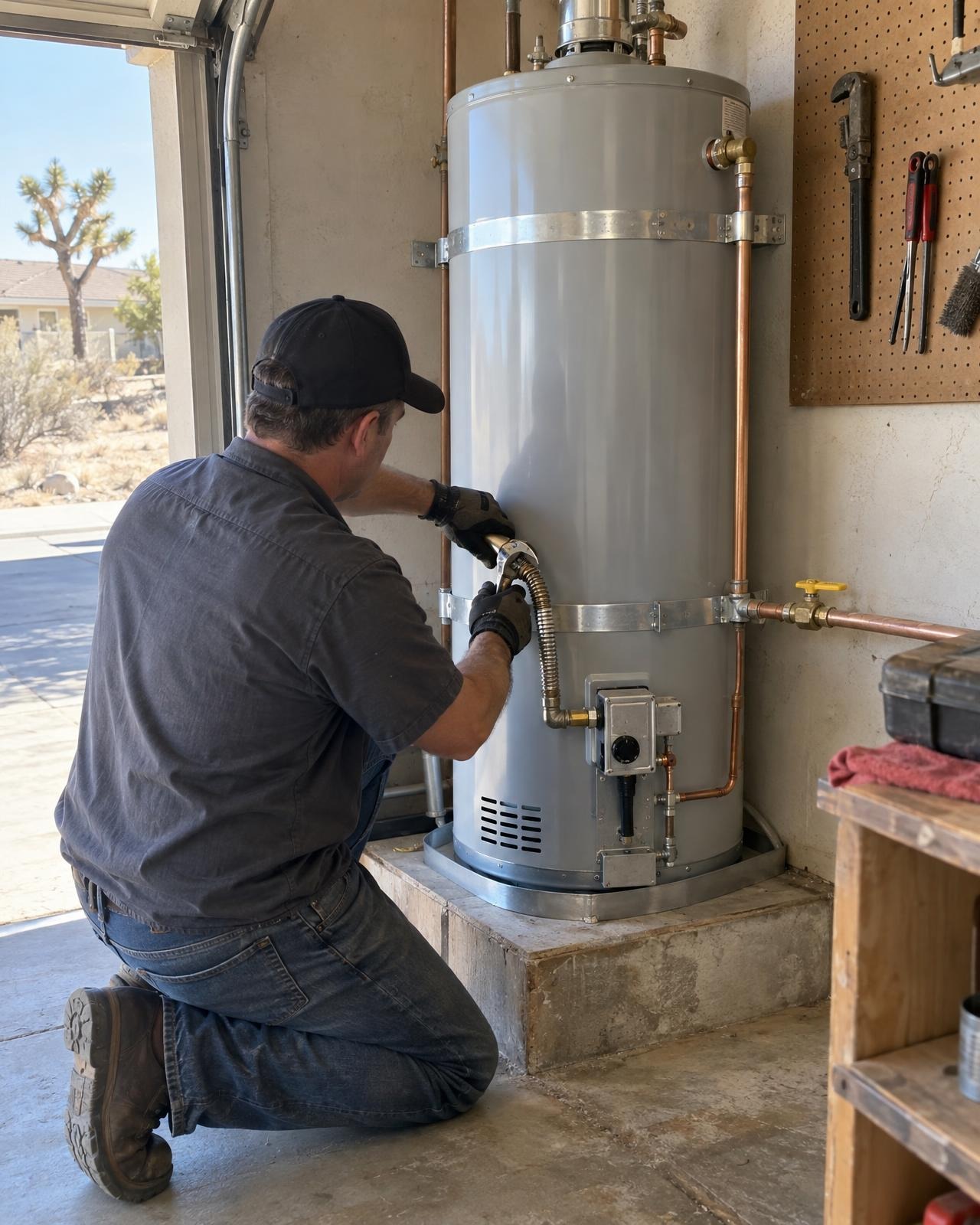 Ray tightening a new connector on a gas water heater in a garage