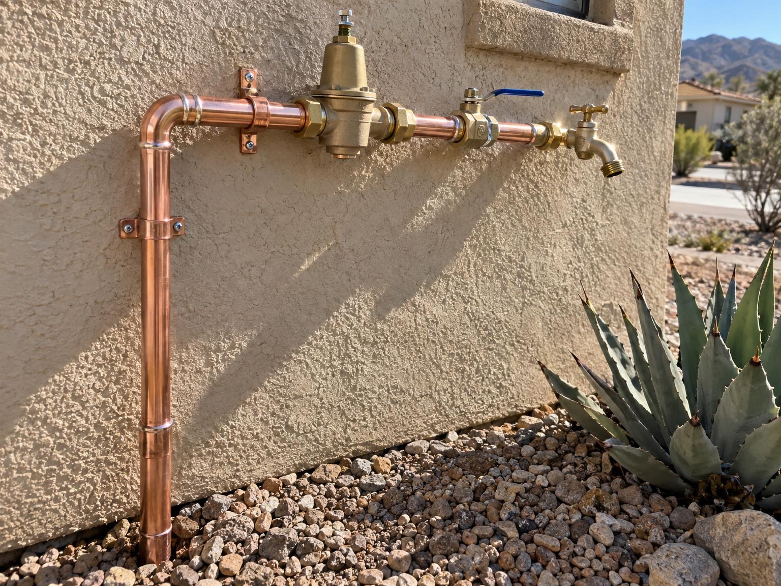 New copper line and pressure regulator on a stucco wall