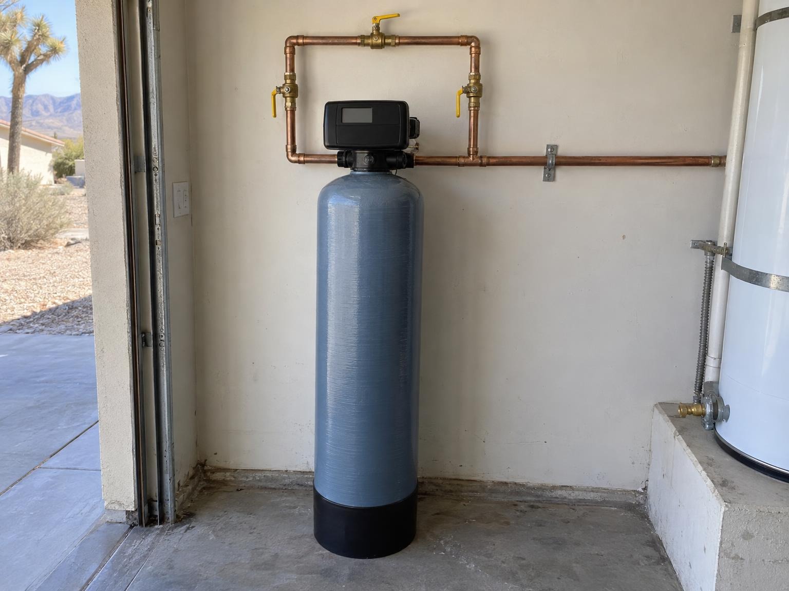 Whole-house water filtration tank installed in a garage