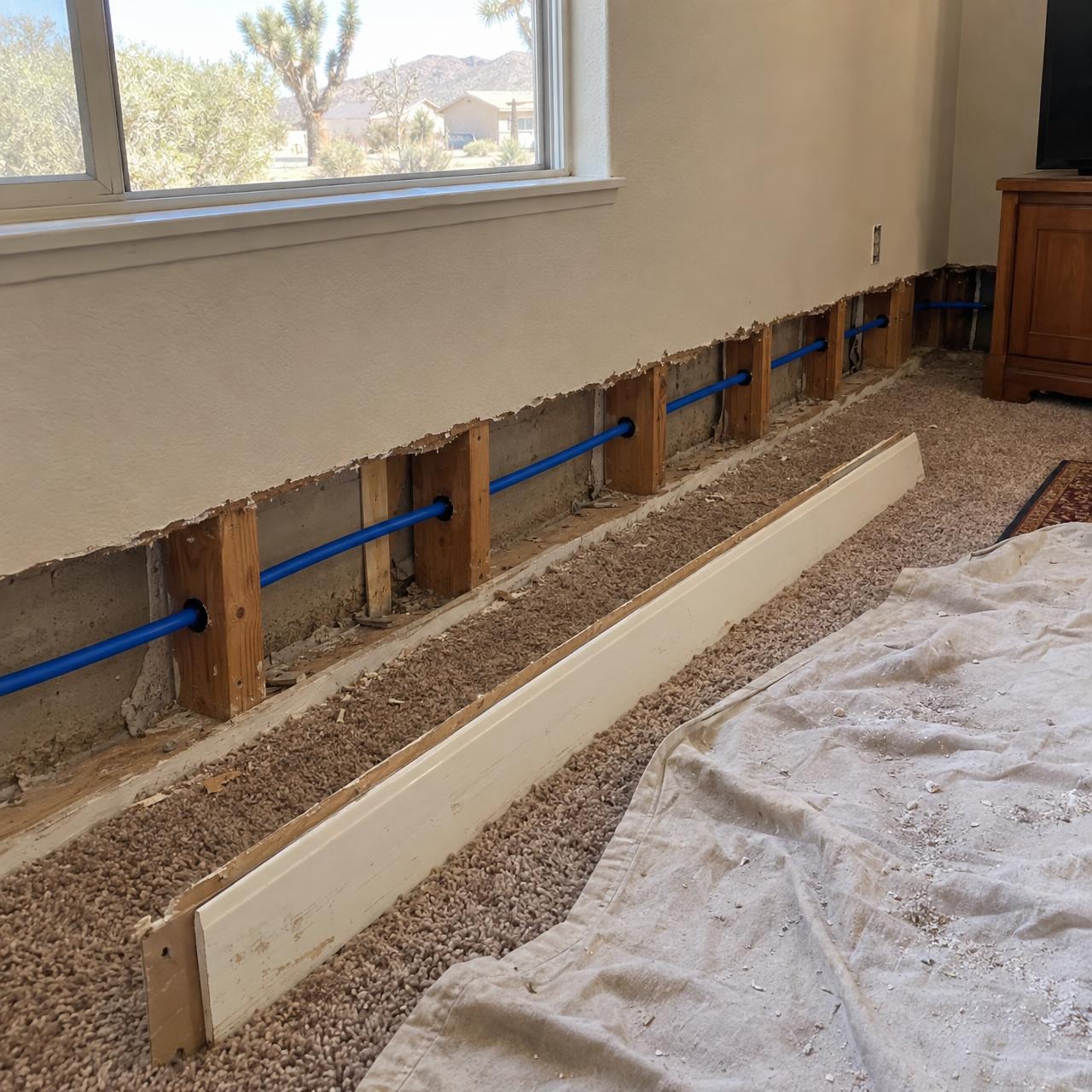 Drywall cut open along the baseboard to reroute a pipe