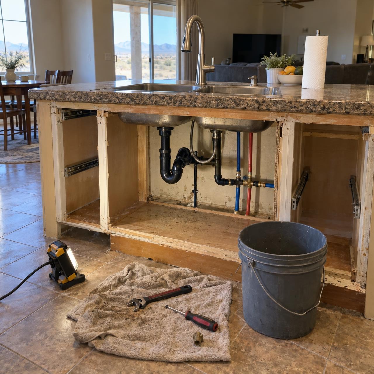 Kitchen island opened up during a plumbing repair